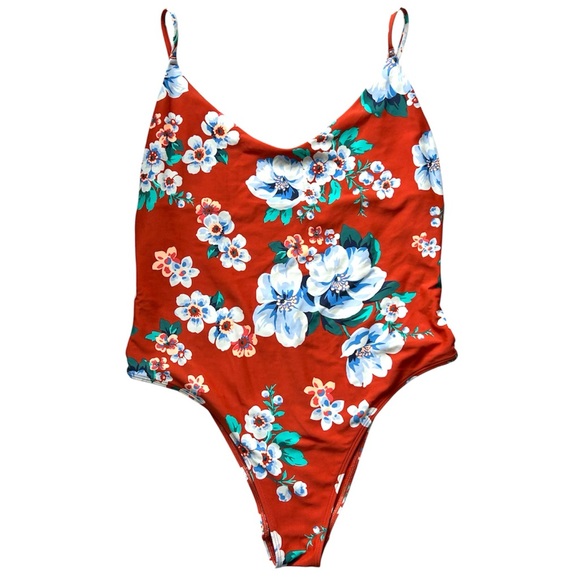 Aerie Orange Tropical Print Cutout Side One Piece Swimsuit Size XL - Picture 4 of 7